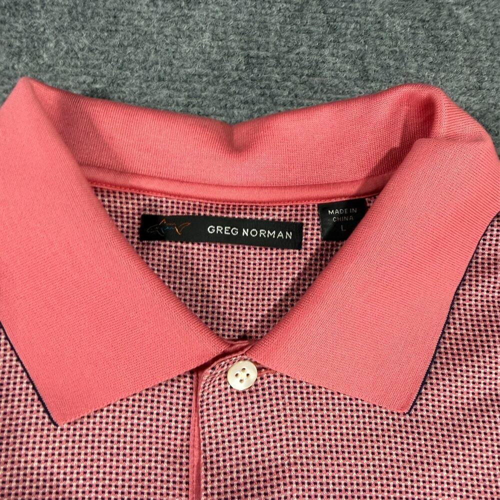 Greg Norman Men’s Size L Golf Polo Shirt Pink Micro Check Short Sleeve
